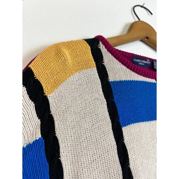 Vintage 100% Cotton 80s Stanley Blacker Geometric Sweater Large - Picture 3 of 5